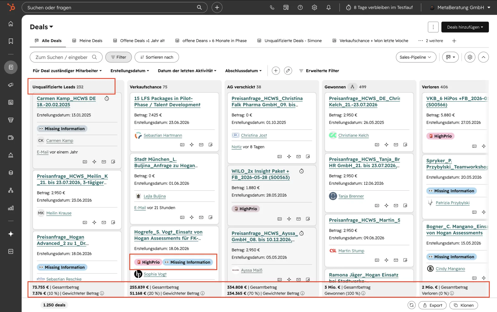 Sales Pipeline Kanban-Board: Phasen, Deal-Tags (Missing Information/High Prio), Gesamtbetrag und Gewichteter Betrag je Spalte
